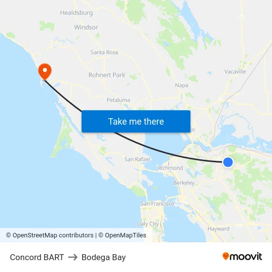 Concord BART to Bodega Bay map