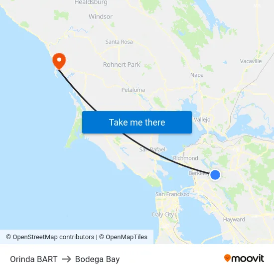 Orinda BART to Bodega Bay map