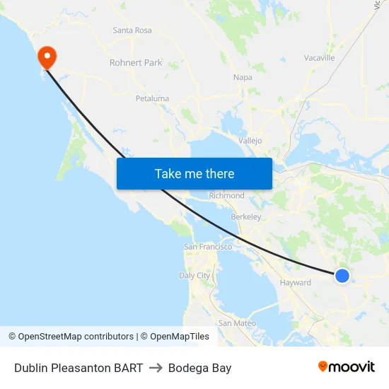 Dublin Pleasanton BART to Bodega Bay map