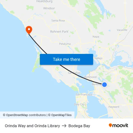 Orinda Way and Orinda Library to Bodega Bay map