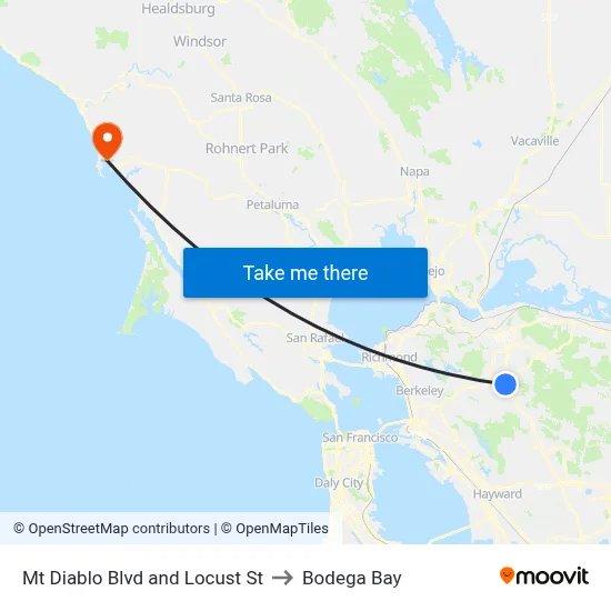 Mt Diablo Blvd and Locust St to Bodega Bay map