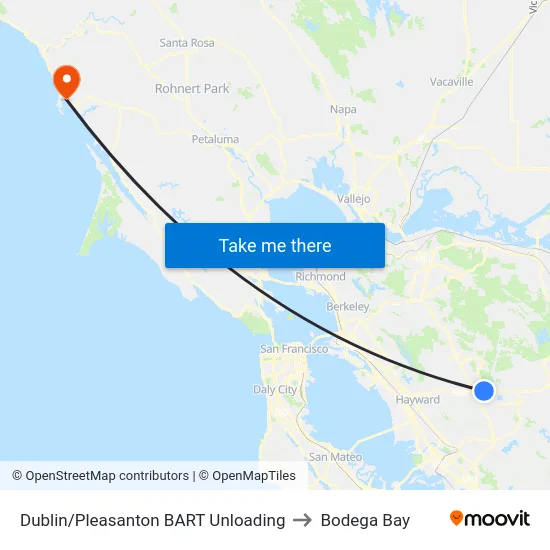 Dublin/Pleasanton BART Unloading to Bodega Bay map