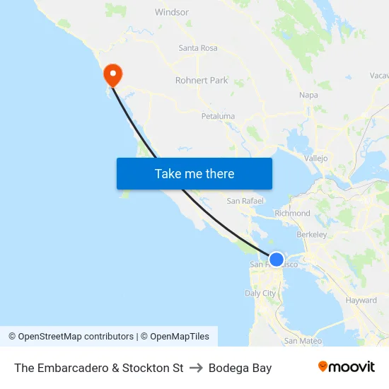The Embarcadero & Stockton St to Bodega Bay map