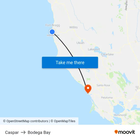 Caspar to Bodega Bay map
