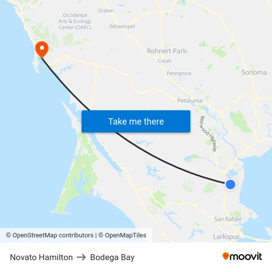 Novato Hamilton to Bodega Bay map