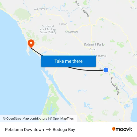 Petaluma Downtown to Bodega Bay map