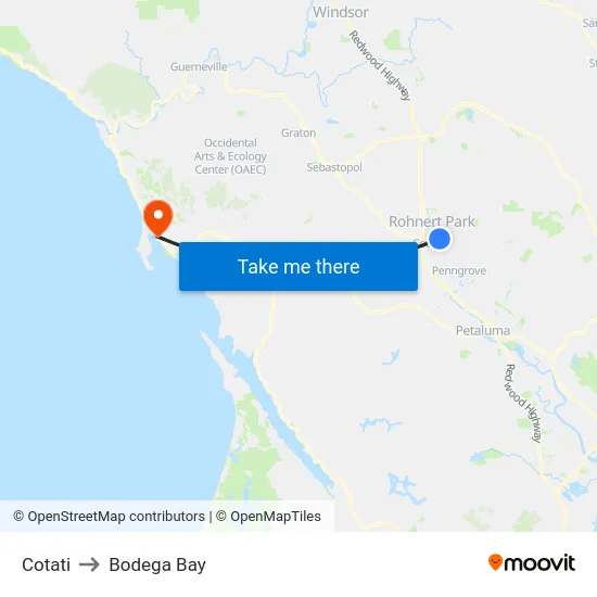 Cotati to Bodega Bay map