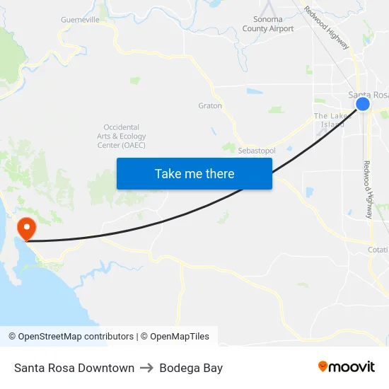 Santa Rosa Downtown to Bodega Bay map