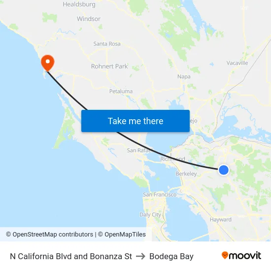 N California Blvd and Bonanza St to Bodega Bay map