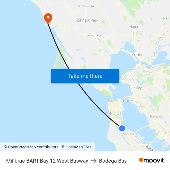 Millbrae BART-Bay 12 West Busway to Bodega Bay map