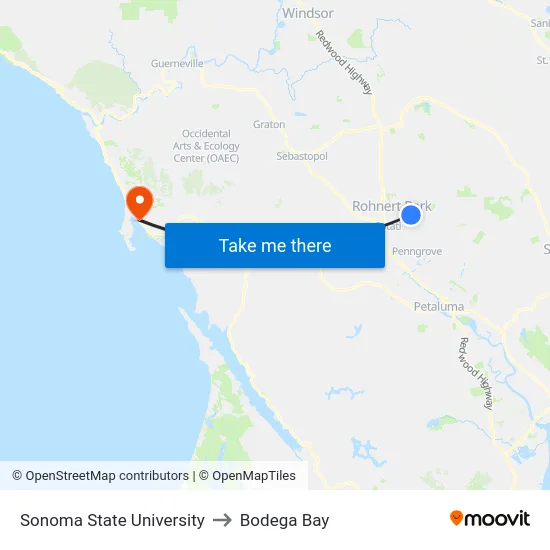 Sonoma State University to Bodega Bay map