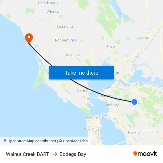 Walnut Creek BART to Bodega Bay map