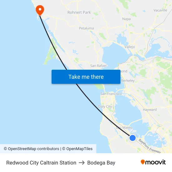 Redwood City Caltrain Station to Bodega Bay map