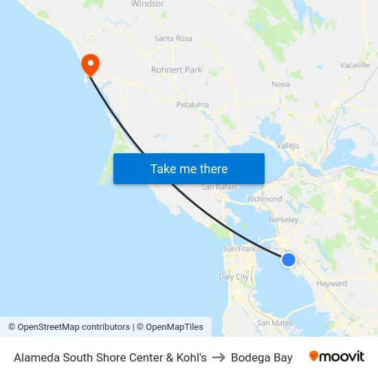 Alameda South Shore Center & Kohl's to Bodega Bay map