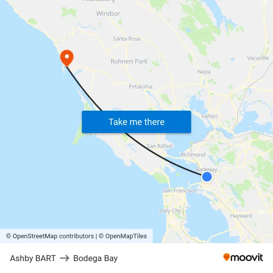 Ashby BART to Bodega Bay map