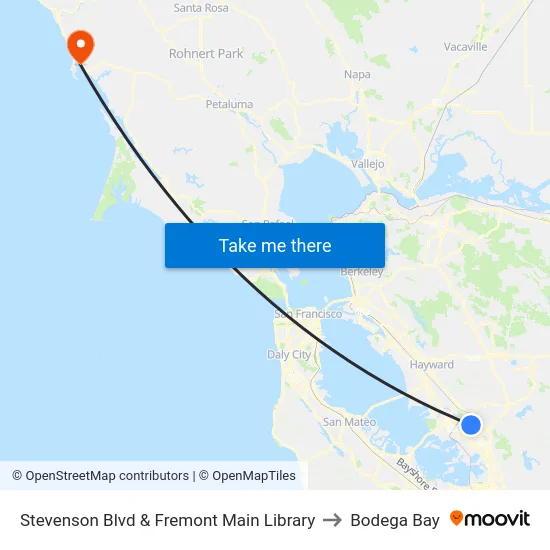 Stevenson Blvd & Fremont Main Library to Bodega Bay map