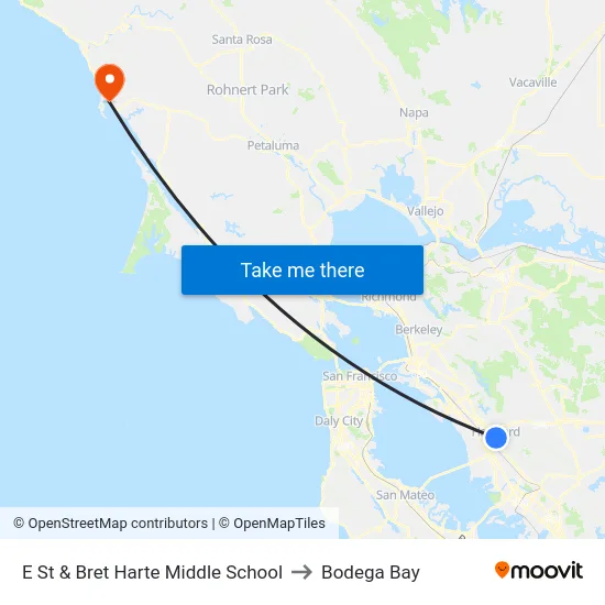 E St & Bret Harte Middle School to Bodega Bay map
