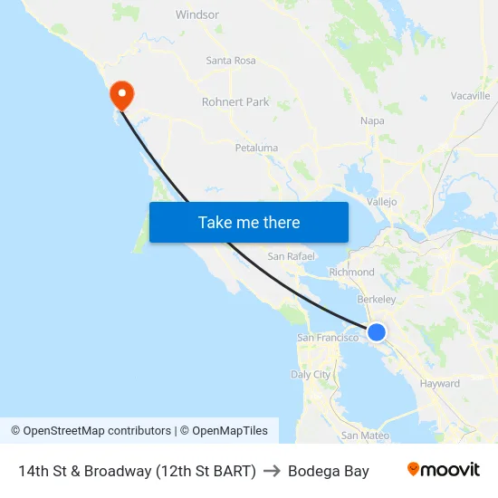14th St & Broadway (12th St BART) to Bodega Bay map