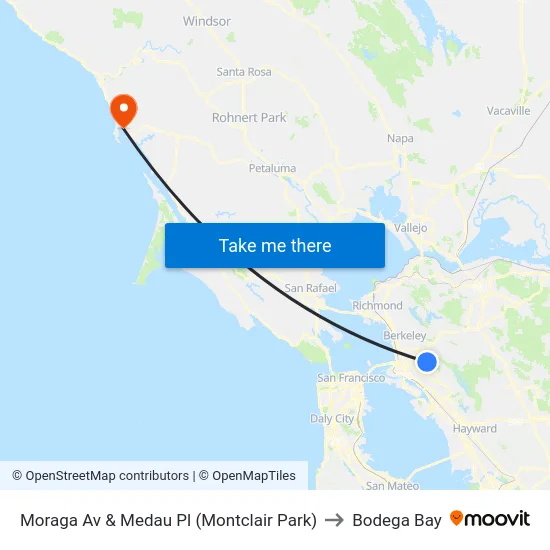 Moraga Av & Medau Pl (Montclair Park) to Bodega Bay map