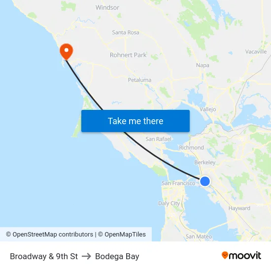 Broadway & 9th St to Bodega Bay map