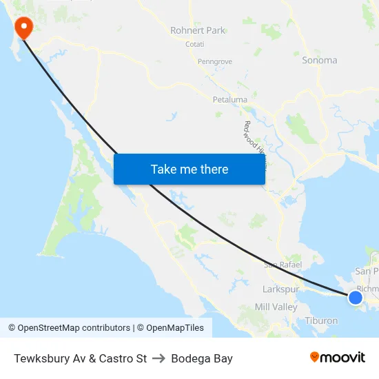Tewksbury Av & Castro St to Bodega Bay map