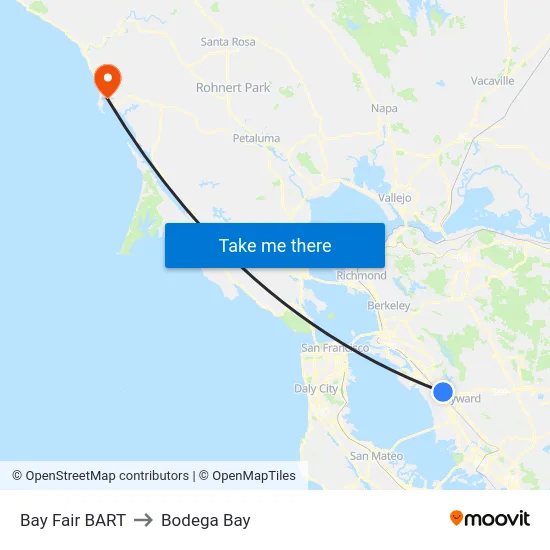 Bay Fair BART to Bodega Bay map