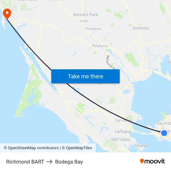 Richmond BART to Bodega Bay map