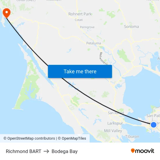 Richmond BART to Bodega Bay map