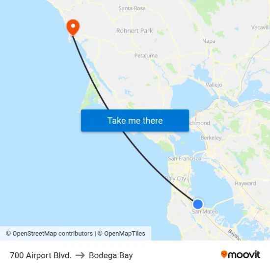 700 Airport Blvd. to Bodega Bay map