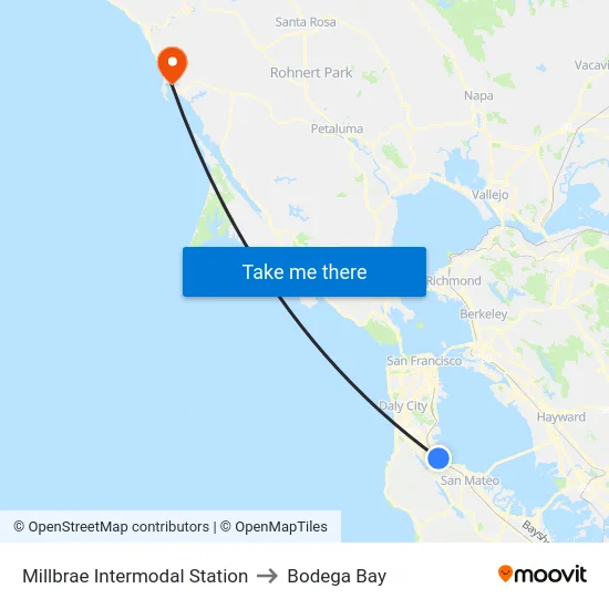 Millbrae Intermodal Station to Bodega Bay map