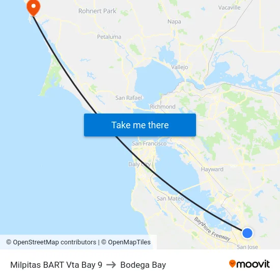 Milpitas BART Vta Bay 9 to Bodega Bay map