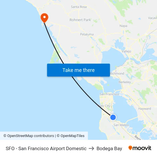 SFO - San Francisco Airport Domestic to Bodega Bay map