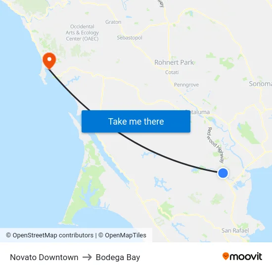 Novato Downtown to Bodega Bay map