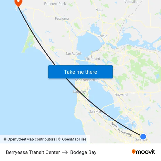 Berryessa Transit Center to Bodega Bay map