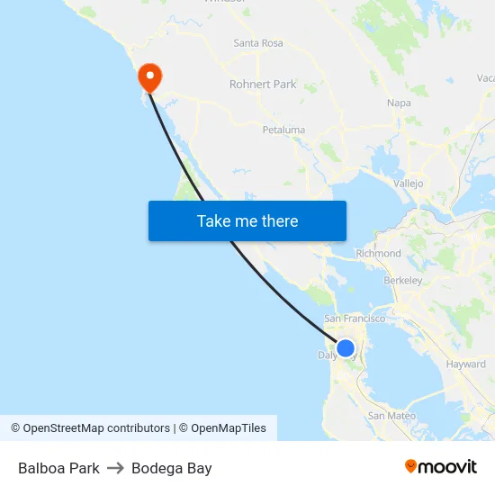 Balboa Park to Bodega Bay map