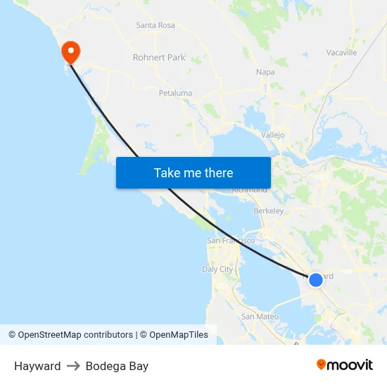 Hayward to Bodega Bay map
