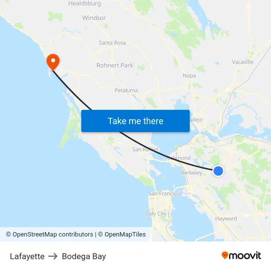 Lafayette to Bodega Bay map