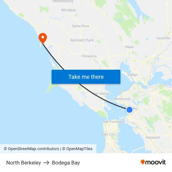 North Berkeley to Bodega Bay map