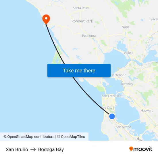 San Bruno to Bodega Bay map
