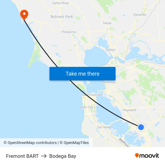 Fremont BART to Bodega Bay map