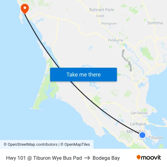 Hwy 101 @ Tiburon Wye Bus Pad to Bodega Bay map
