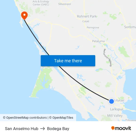 San Anselmo Hub to Bodega Bay map