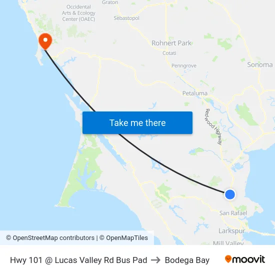 Hwy 101 @ Lucas Valley Rd Bus Pad to Bodega Bay map