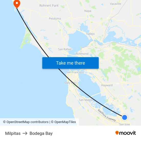 Milpitas to Bodega Bay map
