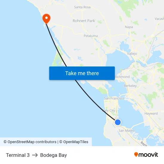Terminal 3 to Bodega Bay map