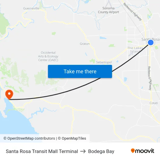 Santa Rosa Transit Mall Terminal to Bodega Bay map