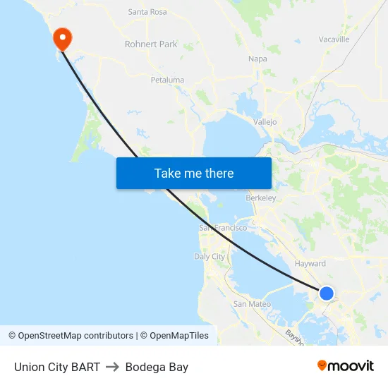 Union City BART to Bodega Bay map