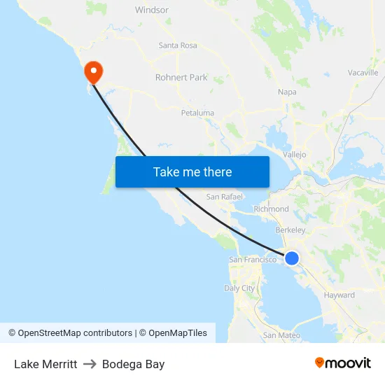 Lake Merritt to Bodega Bay map