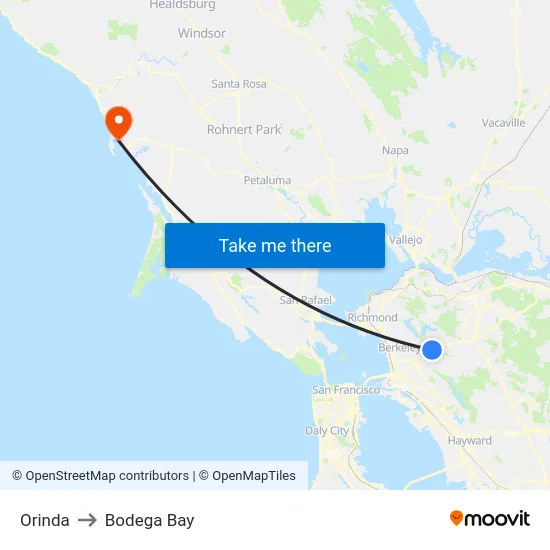 Orinda to Bodega Bay map