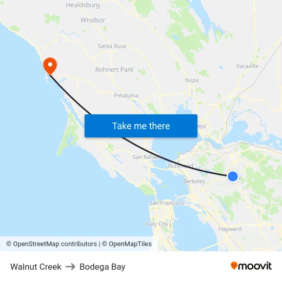 Walnut Creek to Bodega Bay map